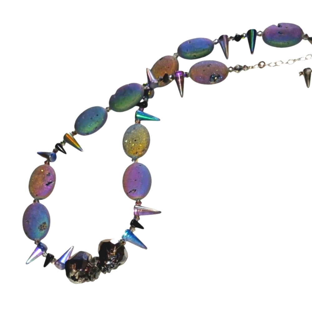 Rainbow druzy geode agate crystal necklace with glass skulls & spikes &earrings - Picture 4 of 15